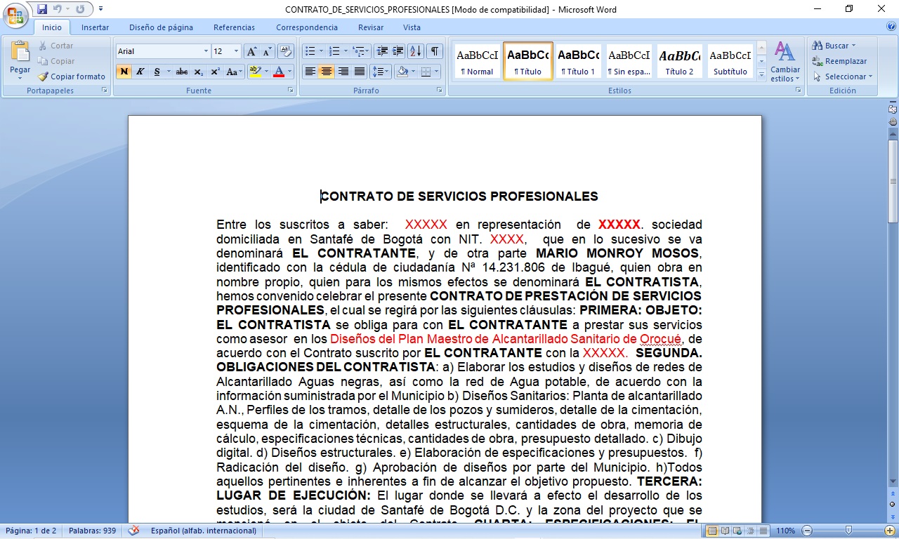 Contrato de servicios profesionales, modelo de guía en Word